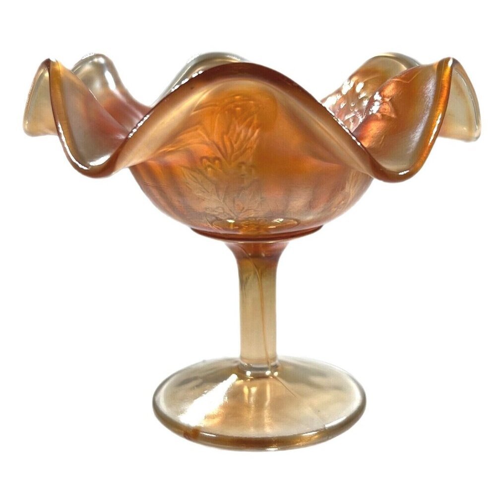 Vtg Carnival Glass Compote Dish Ruffled Amber Holly Berry Iridescent Footed